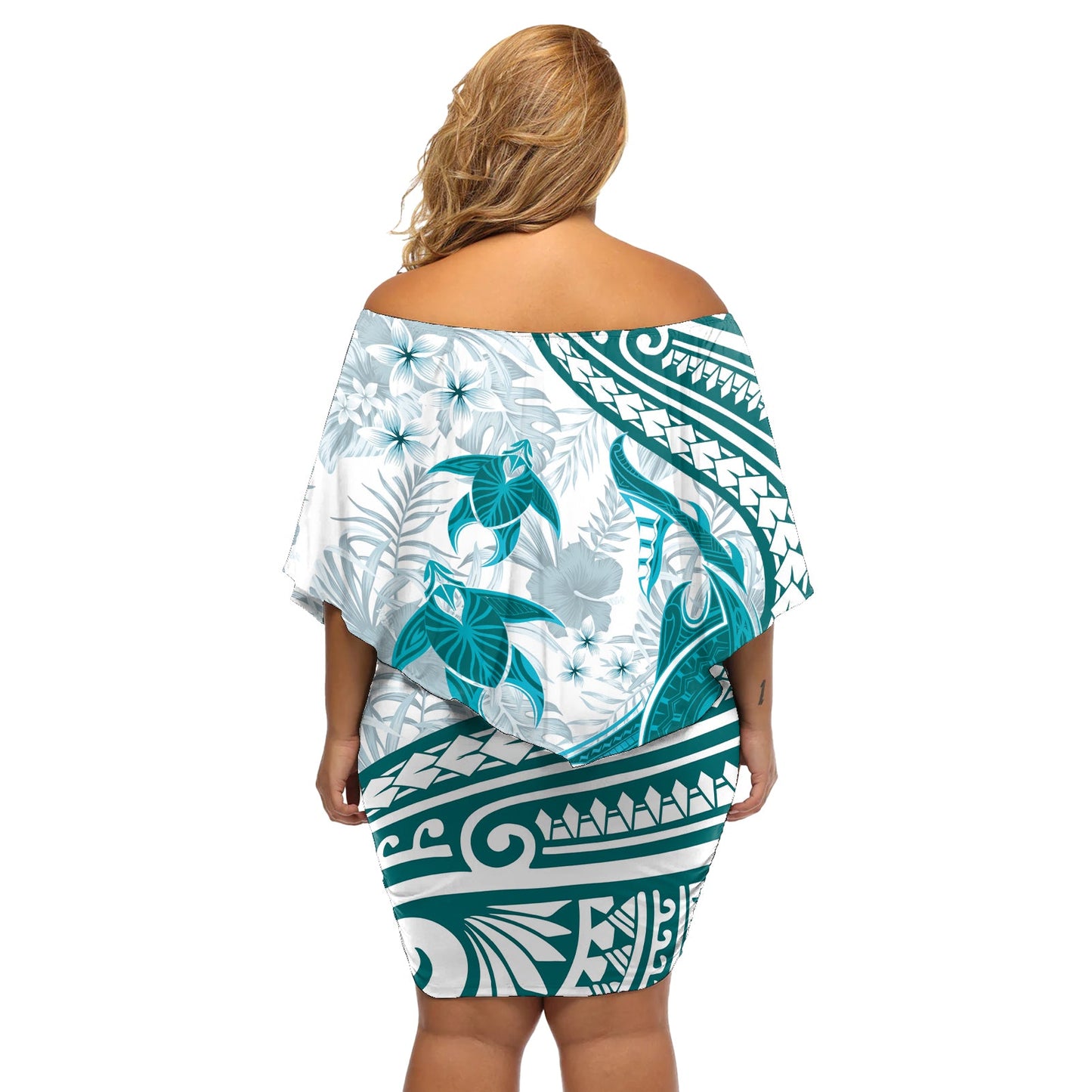 Cyan Polynesia Off Shoulder Kurzes Kleid blumen Polynesian Turtle Shark Tattoo Tropical Vintage LT14
