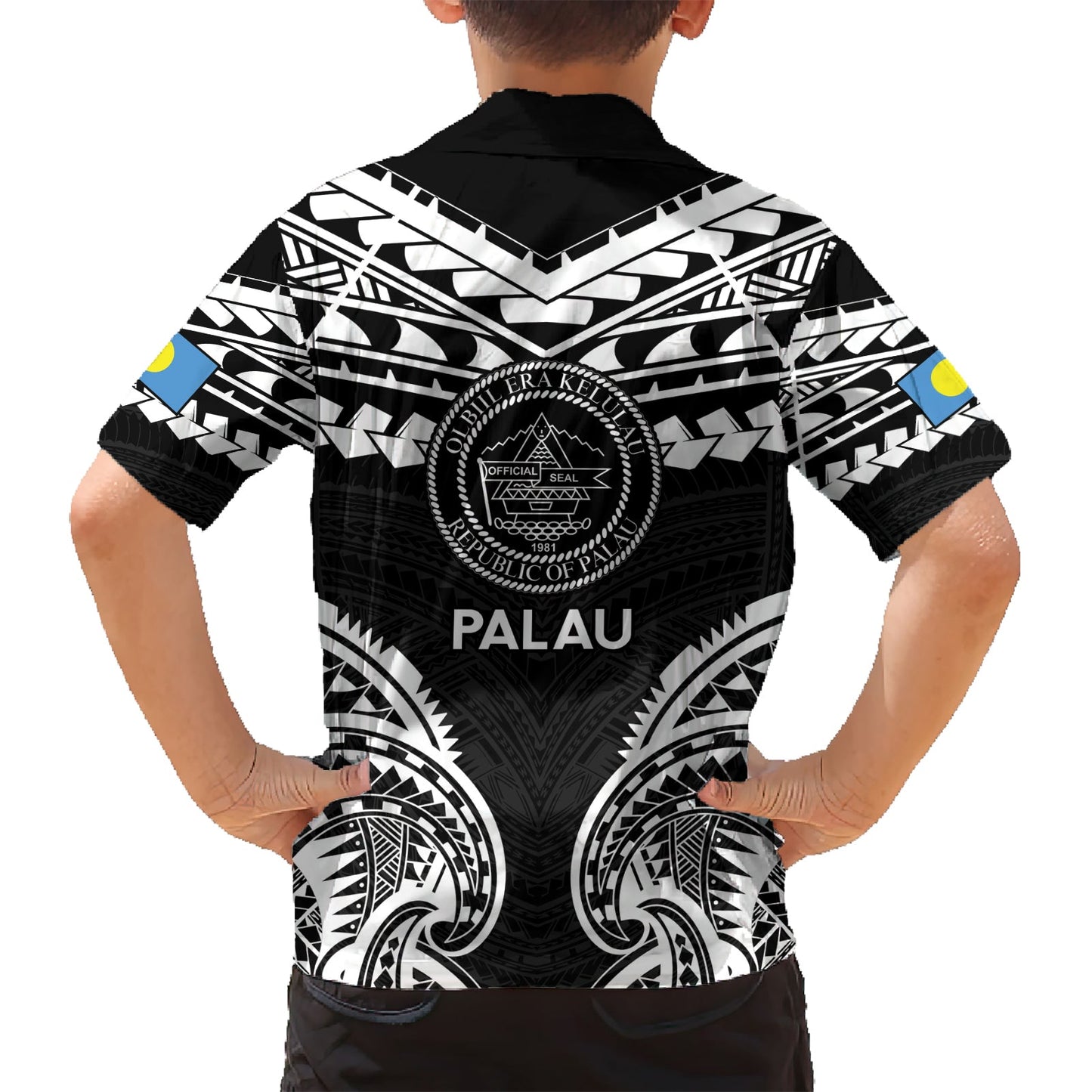 Palau Constitution Day Hawaiihemd Belau-Siegel mit polynesischem Muster - Schwarz LT14