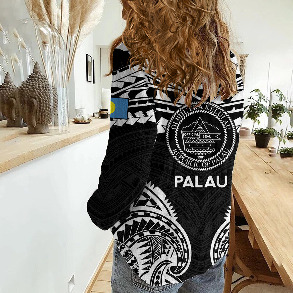 Palau Constitution Day Damen Freizeithemd Belau-Siegel mit polynesischem Muster - Schwarz LT14