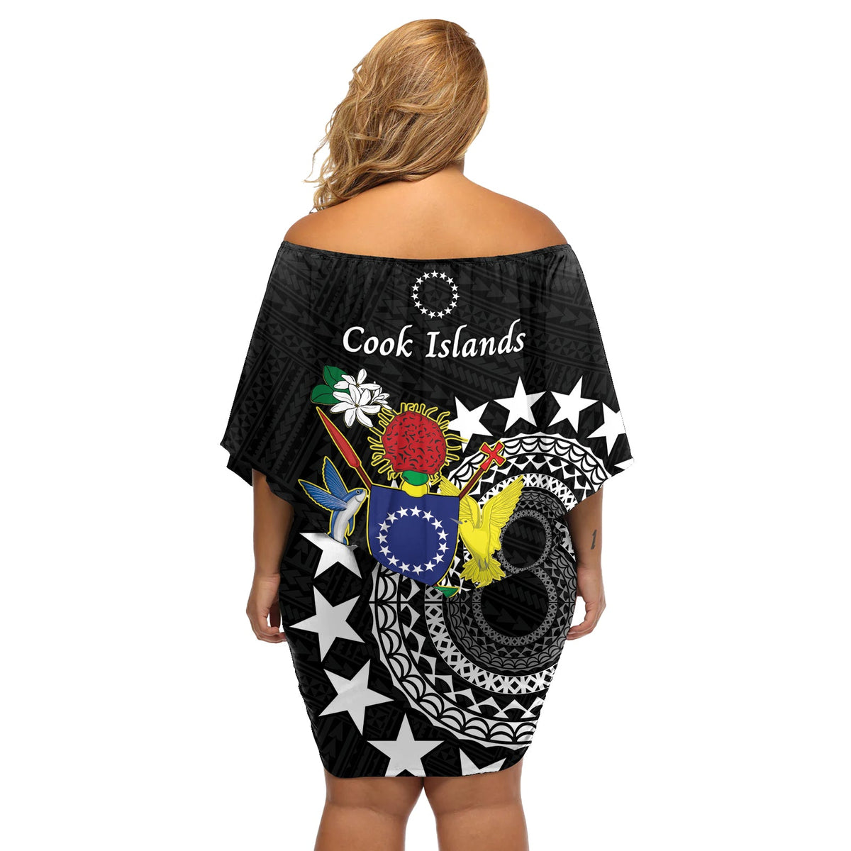Cook Islands Unabhängigkeitstag Schulterfreies Kurzes Kleid mit blumen Kuki Airani Tiare Maori Polynesisches Muster - Schwarz LT14