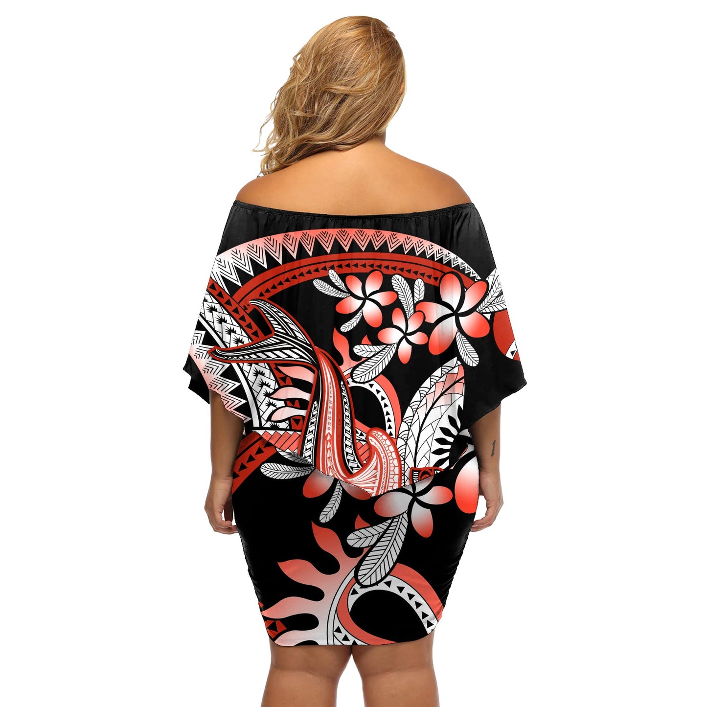 Rotes polynesisches schulterfreies kurzes Kleid blumen Hammerhai Tattoo Royal Plumeria Gradient Vibes LT14