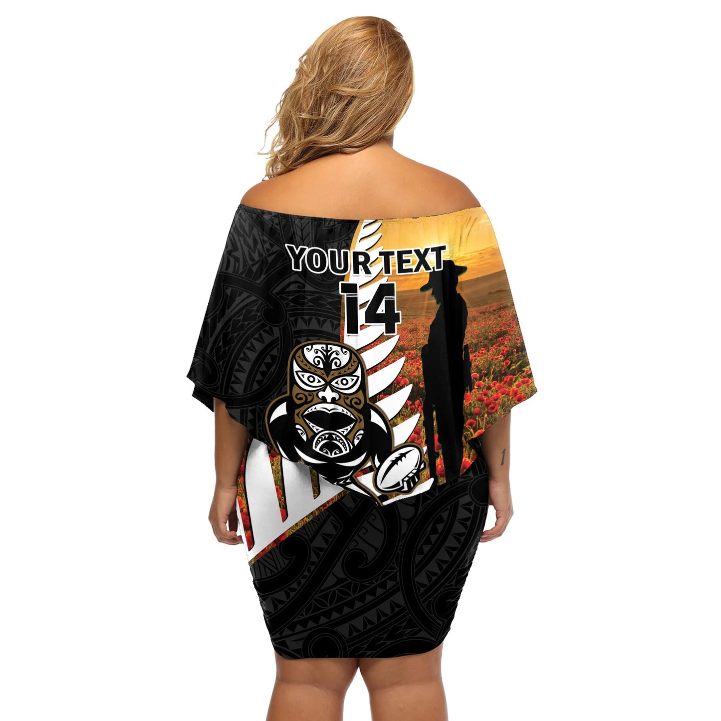 Benutzerdefinierte Neuseeland Silver Fern Rugby ANZAC Day Off Shoulder Kurzes Kleid blumen 2024 Ganz schwarz Tiki Maskottchen LT14