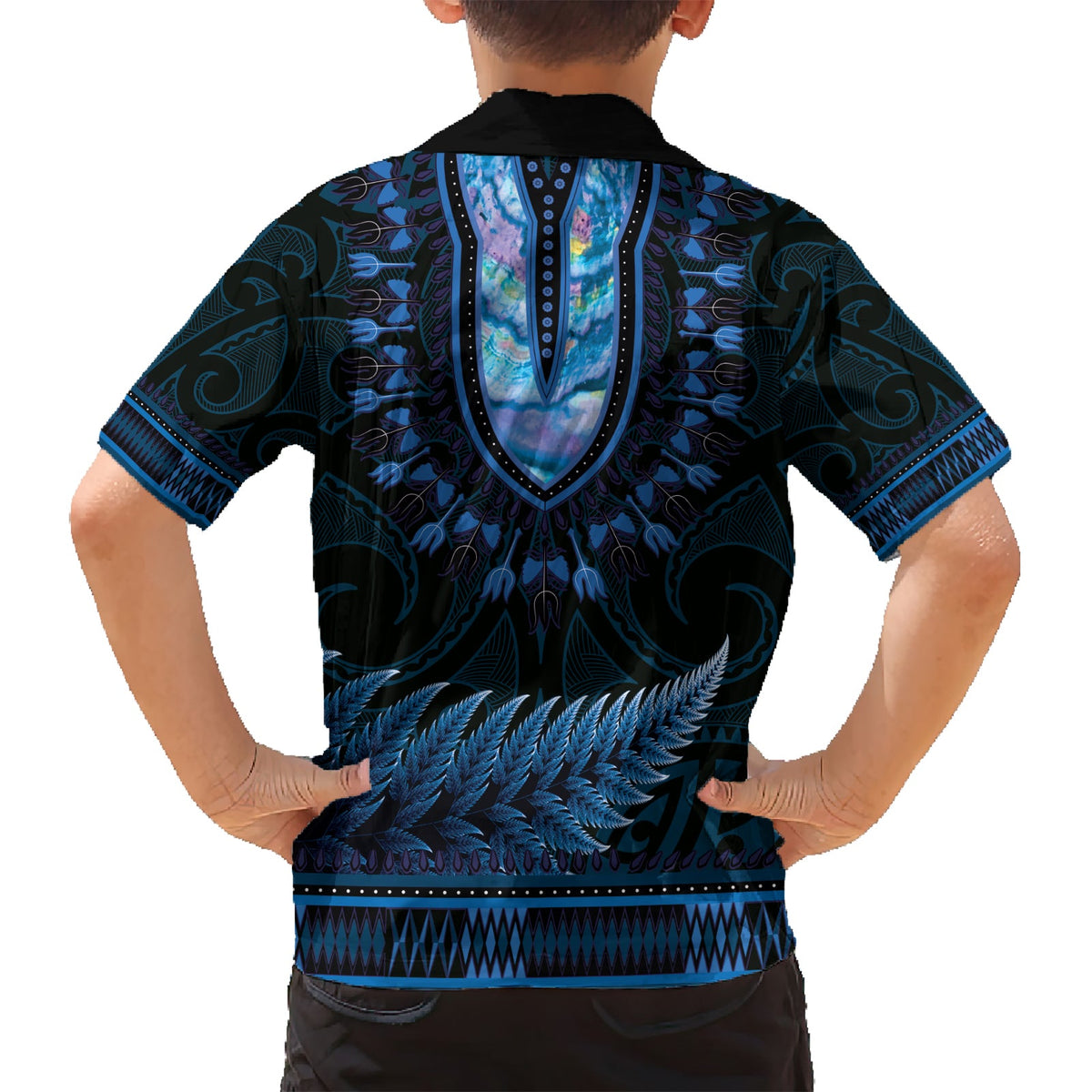 Blaues afrikanisches Dashiki mit Aotearoa Maori Hawaiihemd Paua Muschel Mix Silber Farn LT14