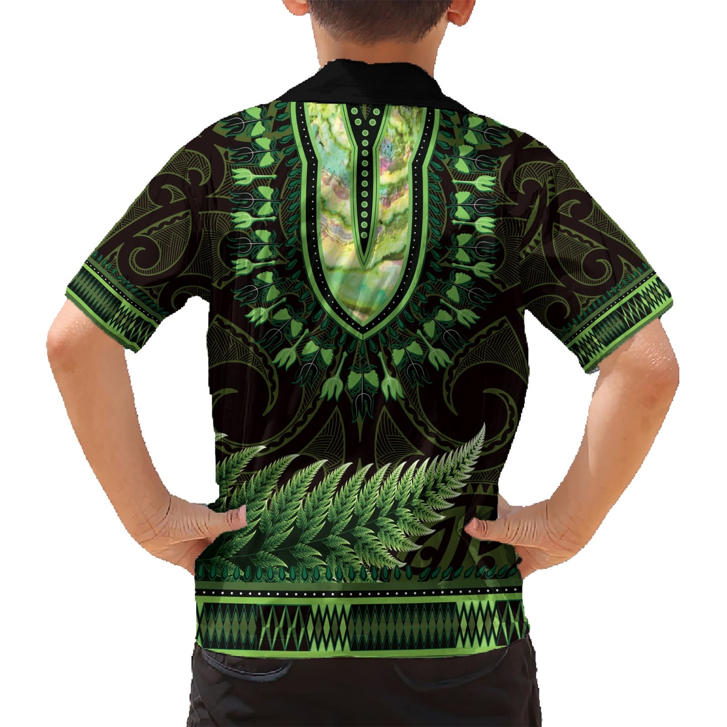 Hellgrünes afrikanisches Dashiki mit Aotearoa Maori Hawaiihemd Paua Muschel Mix Silberfarn LT14