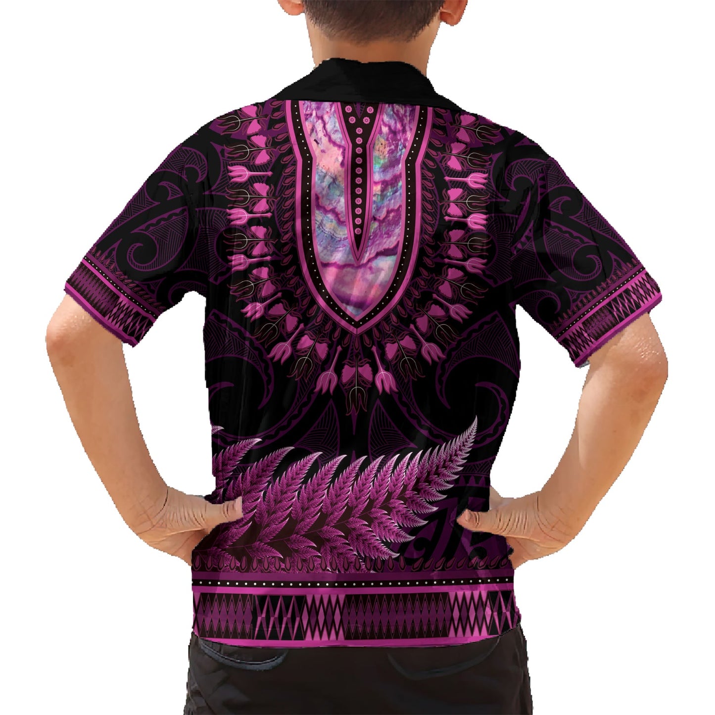 Rosa afrikanisches Dashiki mit Aotearoa Maori Hawaiihemd Paua Muschel Mix Silber Farn LT14