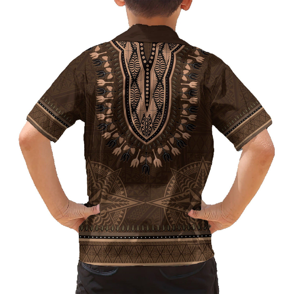 Braunes afrikanisches Dashiki mit Tonga-Ngatu-Muster, Hawaiihemd LT14