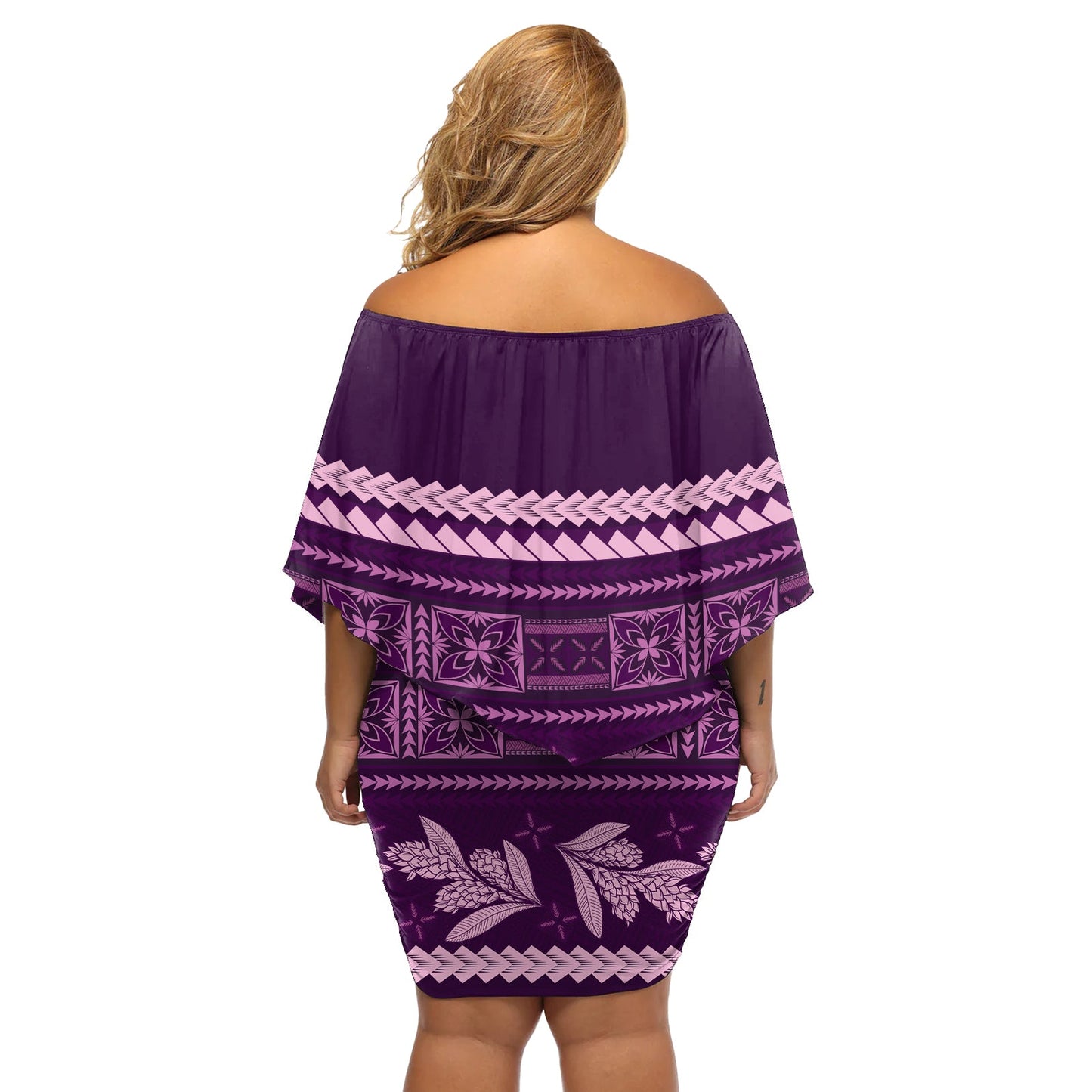 Lila Samoa Siapo Teuila Blumen Schulterfreies Kurzes Kleid mit blumen LT14