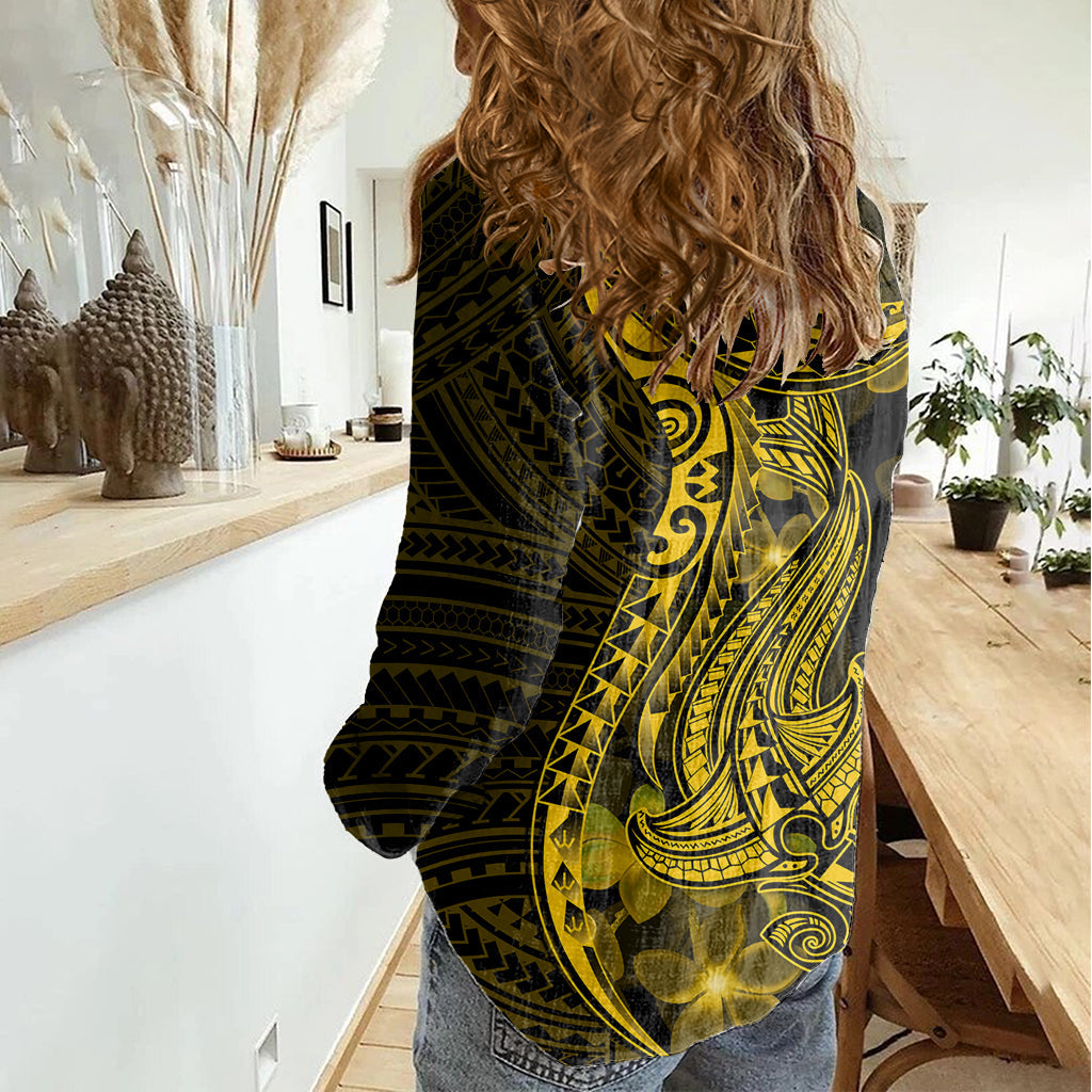 Gold Polynesia Shark Tattoo Damen Freizeitshirt mit polynesischer Plumeria LT14
