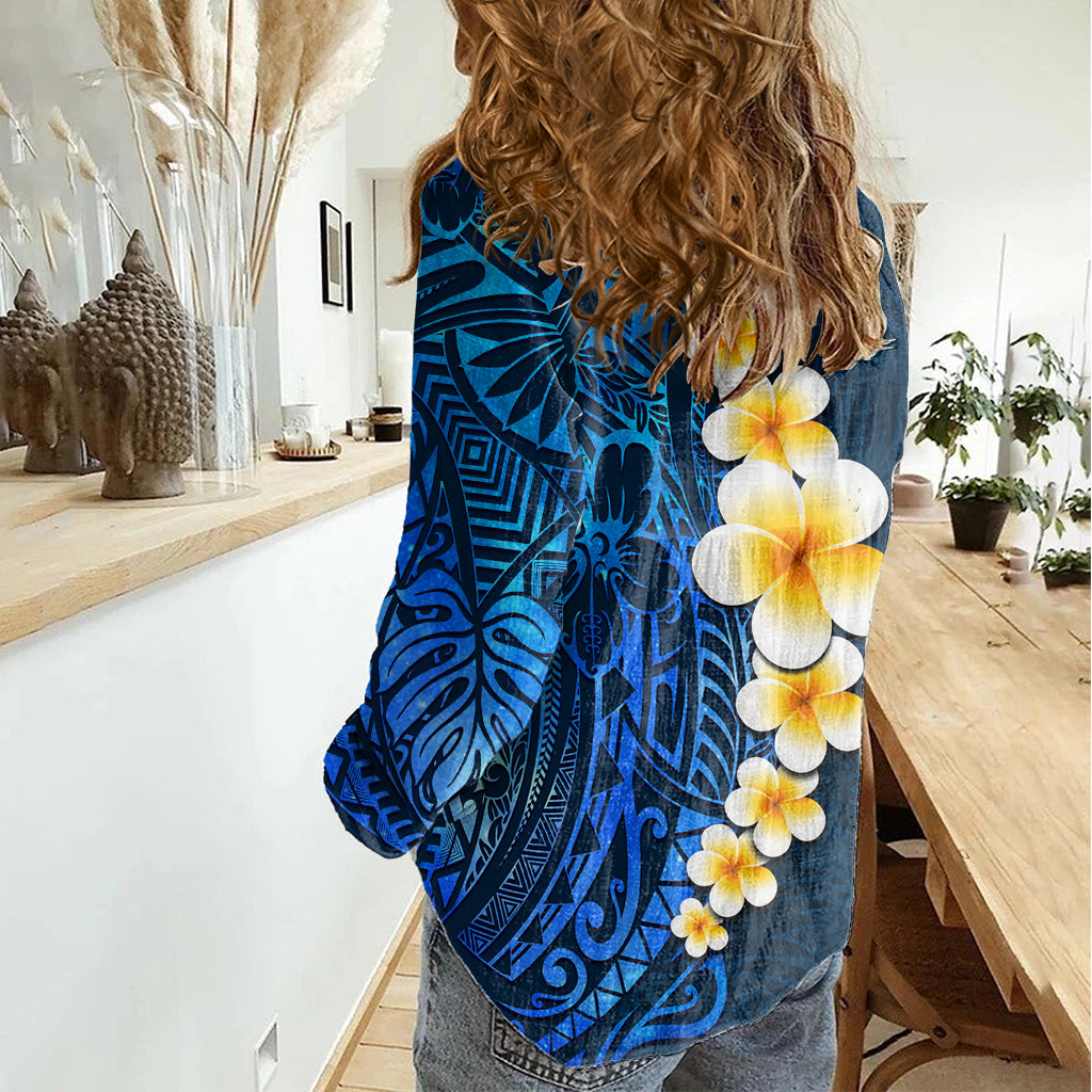 Blaues Polynesien Damen Casual Shirt Plumeria Tropische Blätter mit Galaxie Polynesian Art LT14