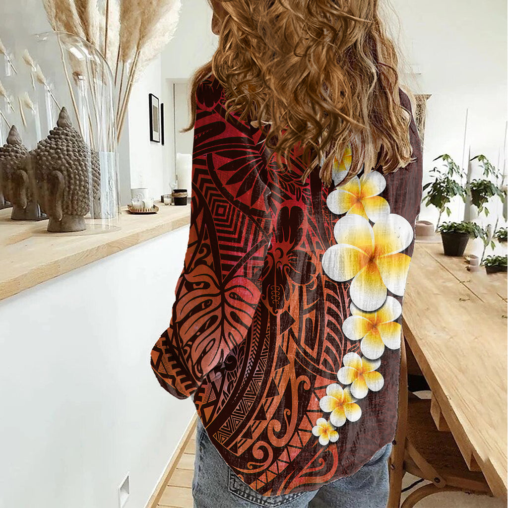 Rote tropische Plumeria mit Galaxie polynesischer Kunst Frauen Casual Shirt LT14