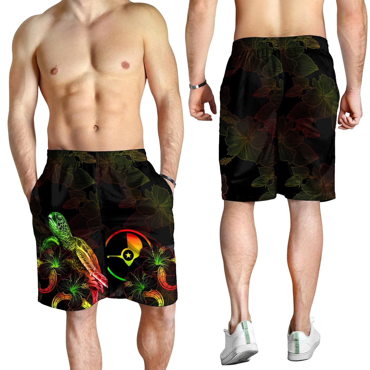 Yap Polynesian Herren Bermuda Shorts - Schildkröte mit blühendem Hibiskus Reggae
