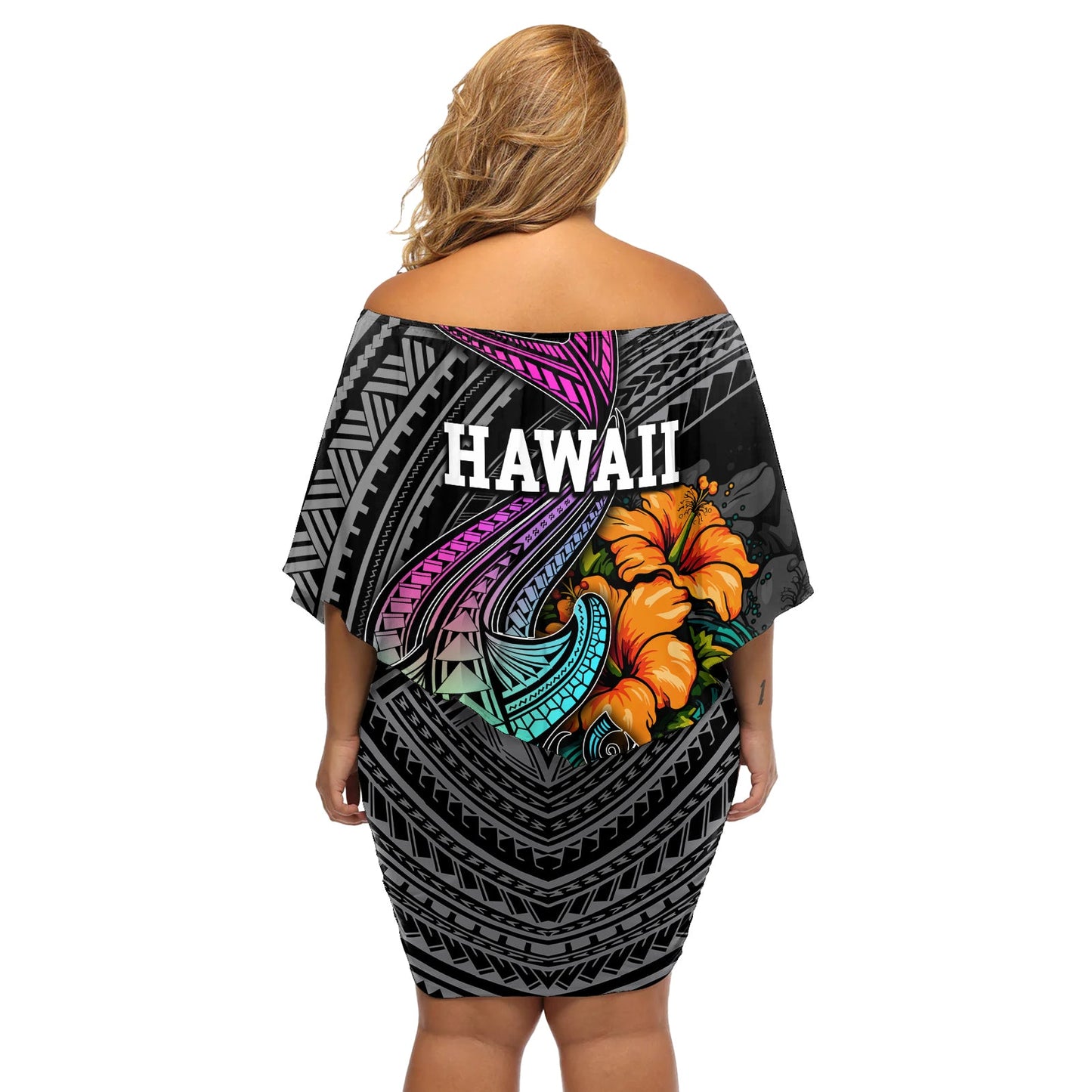 Hawaiianisches polynesisches schulterfreies kurzes Kleid blumen mit Stammes-Hammerhaien und Hibiskus Schwarz TS04