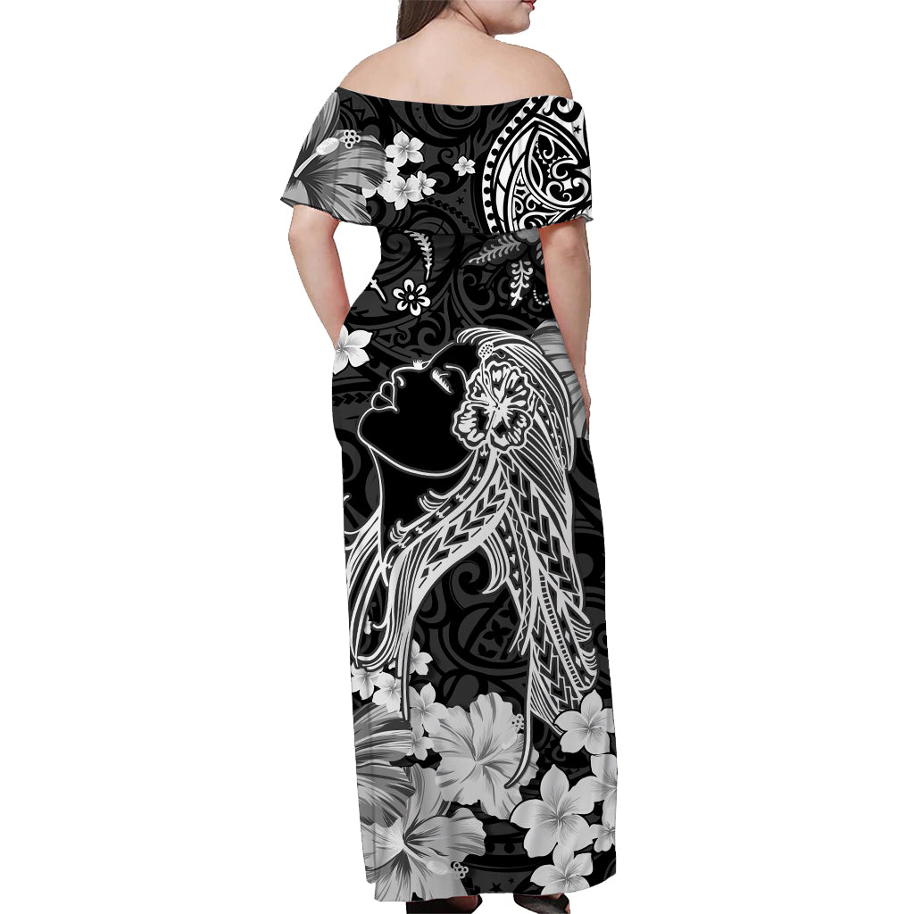 Hawaii schulterfreies langes Kleid Polynesien Schwarz Schönes Hula-Mädchen LT13