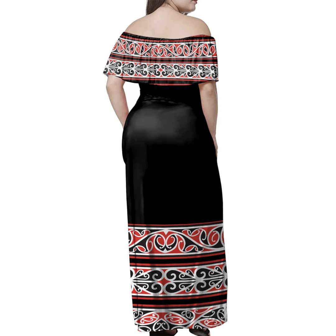 NE Maori-Kleid – schulterfreies, langes Kleid mit Koru-Linien