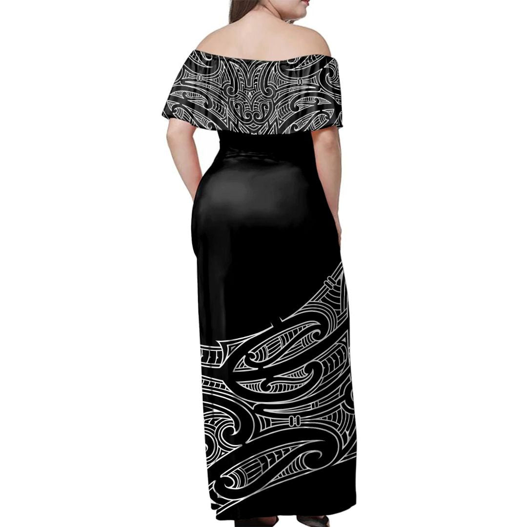 NE Maori-Kleid – Moko Curve, schulterfreies, langes Kleid