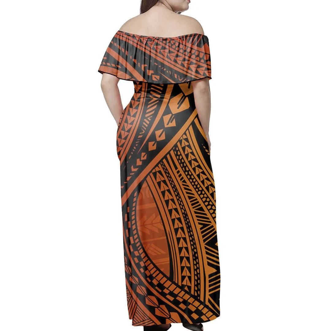 Polynesian Pride Dress - Oranges schulterfreies langes Kleid mit polynesischem Tattoo
