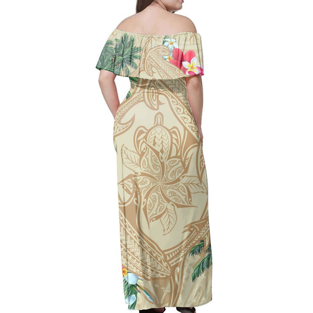 Polynesian Pride Dress - Hawaii Kanaka Maoli Palmen Schildkröte und Haie Schulterfreies langes Kleid
