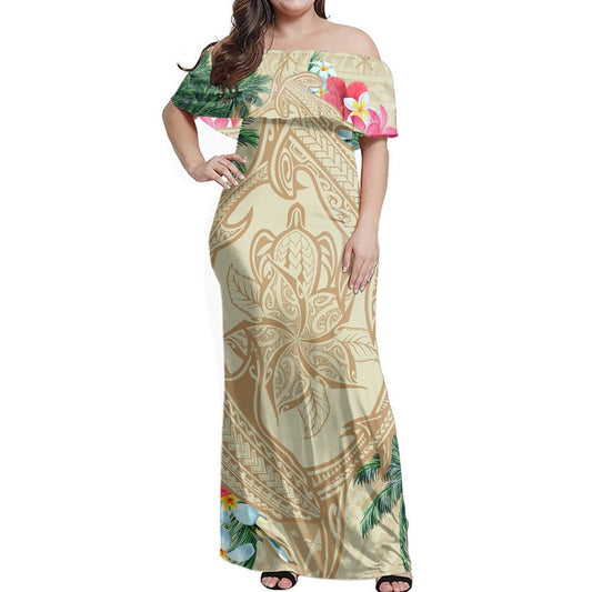 Polynesian Pride Dress - Hawaii Kanaka Maoli Palm Trees Turtle And Sharks Off Shoulder Long Dress Long Dress Brown - Polynesian Pride