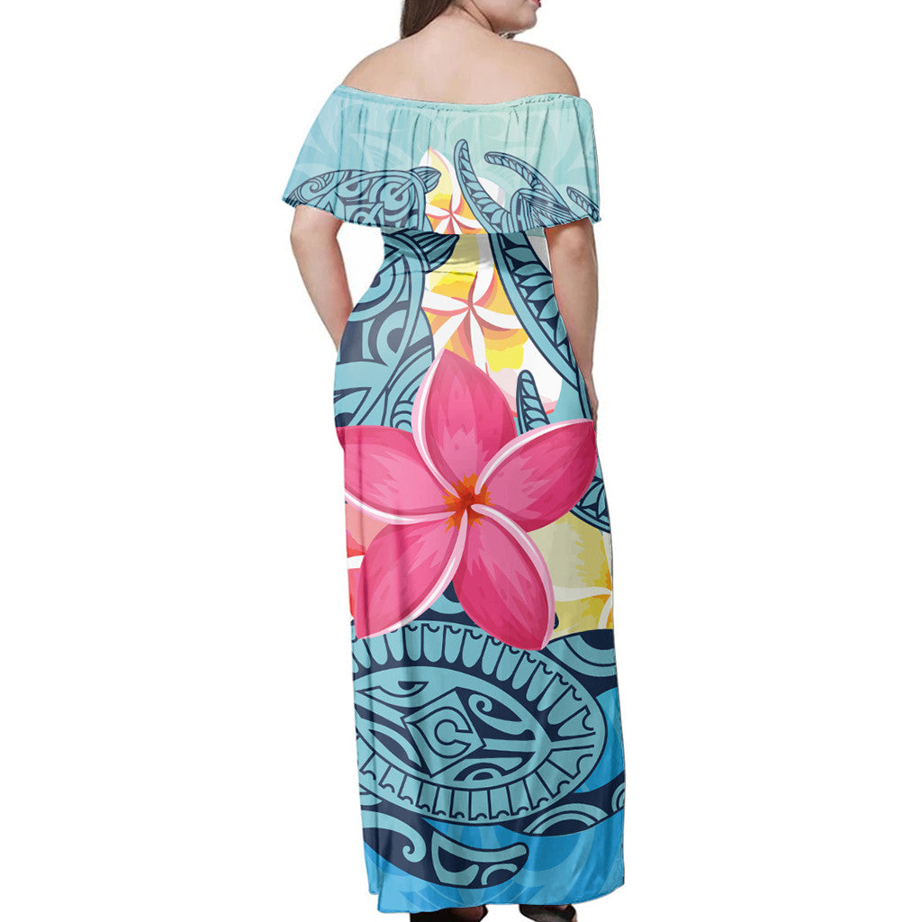 Polynesian Pride Kleid - Hawaii Plumeria Deep Sea Circle Turtle Schulterfreies langes Kleid