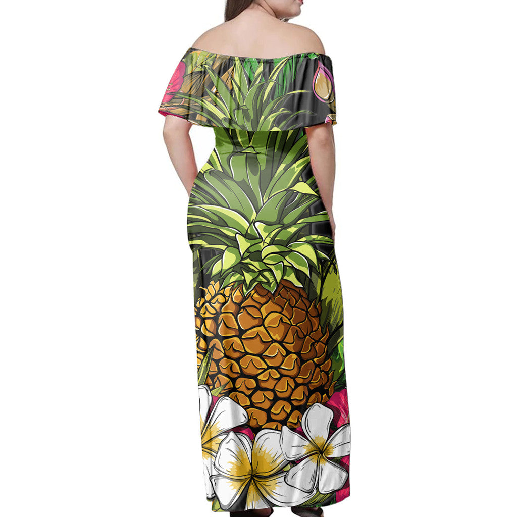 Polynesian Pride Kleid - Hawaii Tropische Blumen Ananas Schulterfreies Langes Kleid