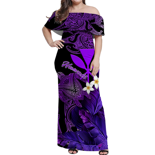 Hawaii Turtle With Plumeria Leaf Purple Women Off Shoulder Long Dress - LT12 Long Dress Black - Polynesian Pride