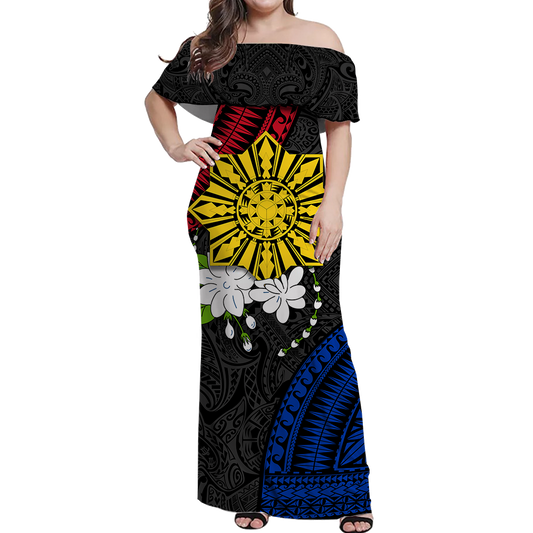 Philippines Sampaguita Filipino Sun Women Off Shoulder Dress - LT12 Long Dress Black - Polynesian Pride