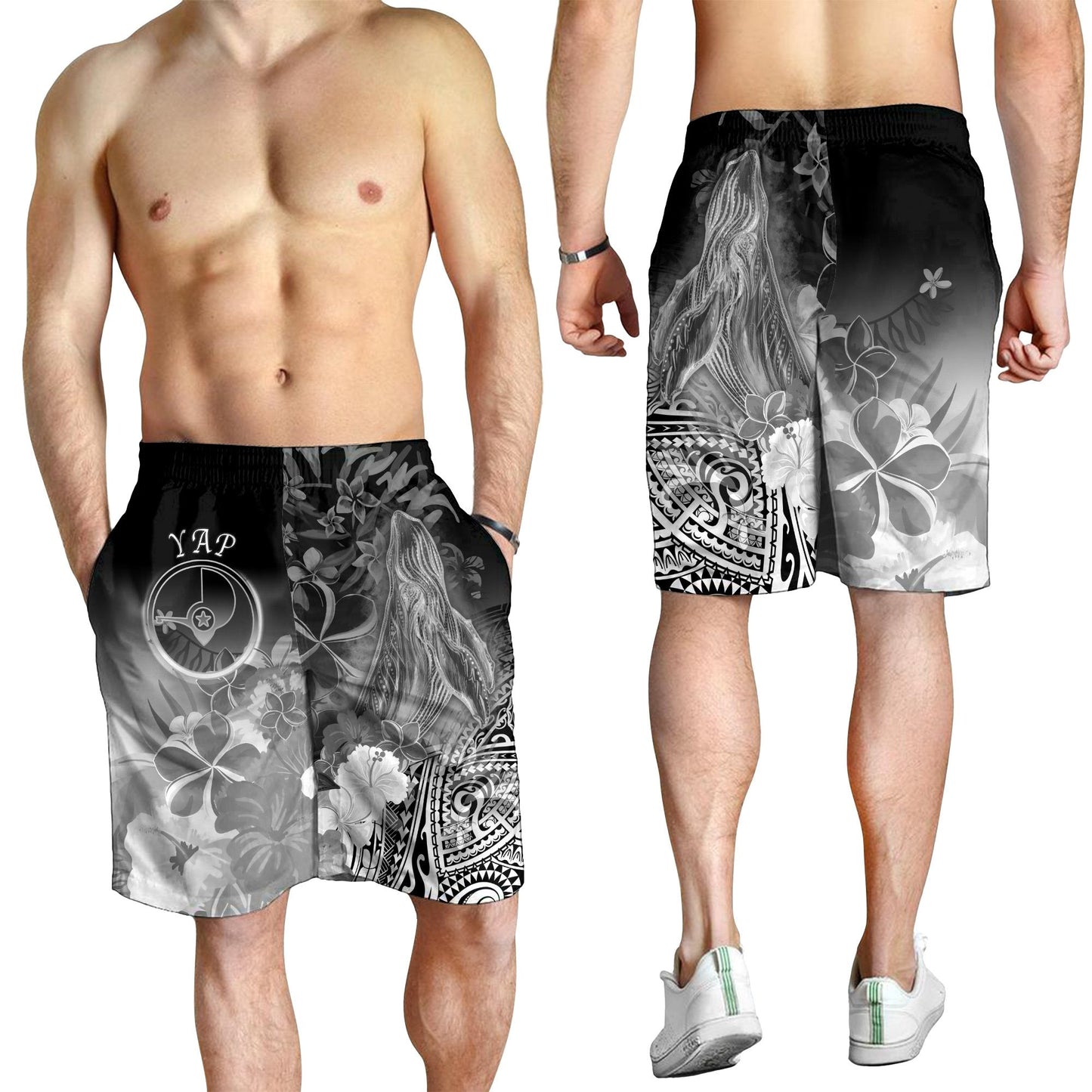 Yap Herren Bermuda Shorts - Buckelwal mit tropischen Blumen (Weiß)