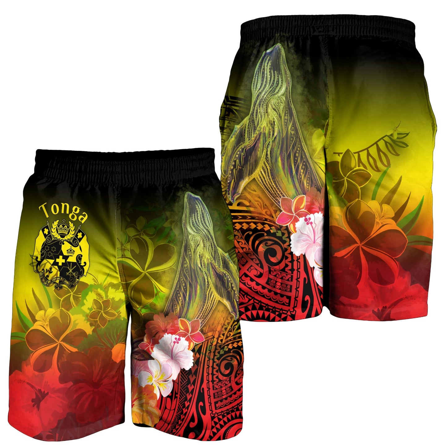 Tonga Herren Bermudas Shorts - Buckelwal mit tropischen Blumen (Gelb)