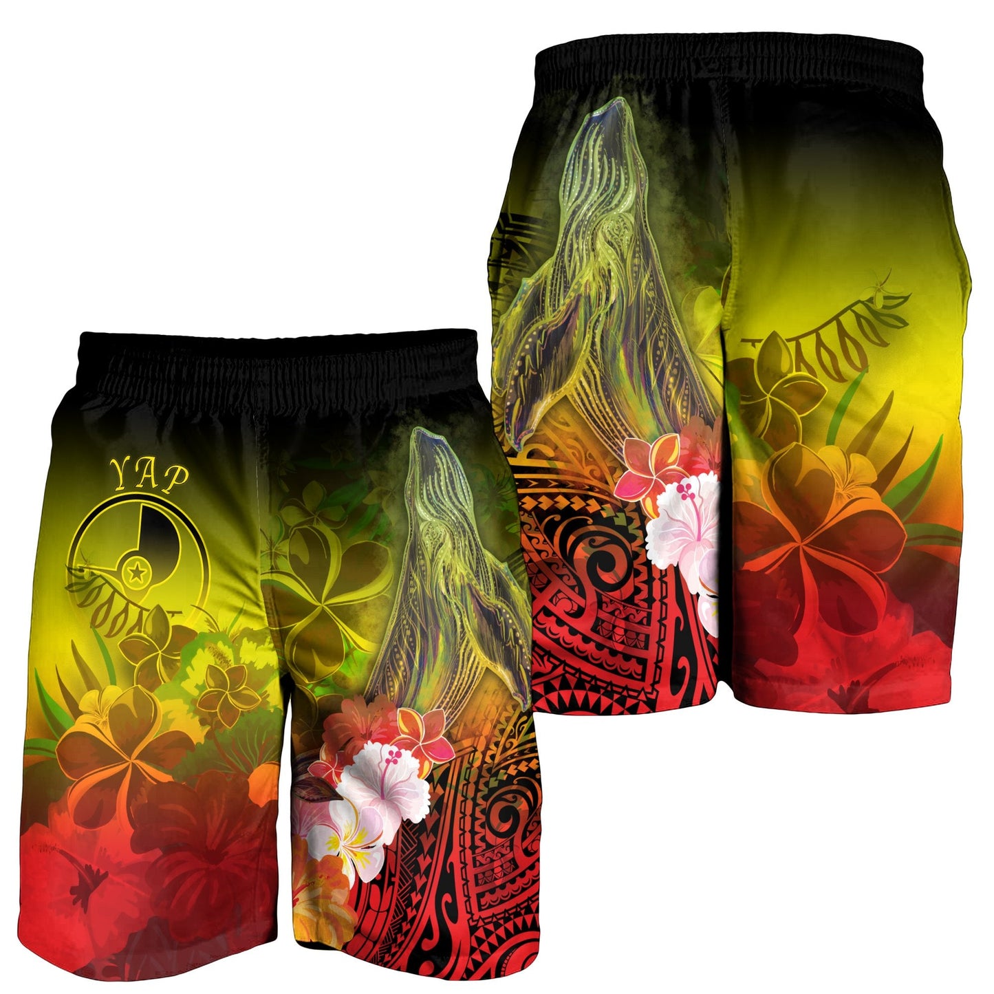 Yap Herren Bermuda Shorts - Buckelwal mit tropischen Blumen (Gelb)