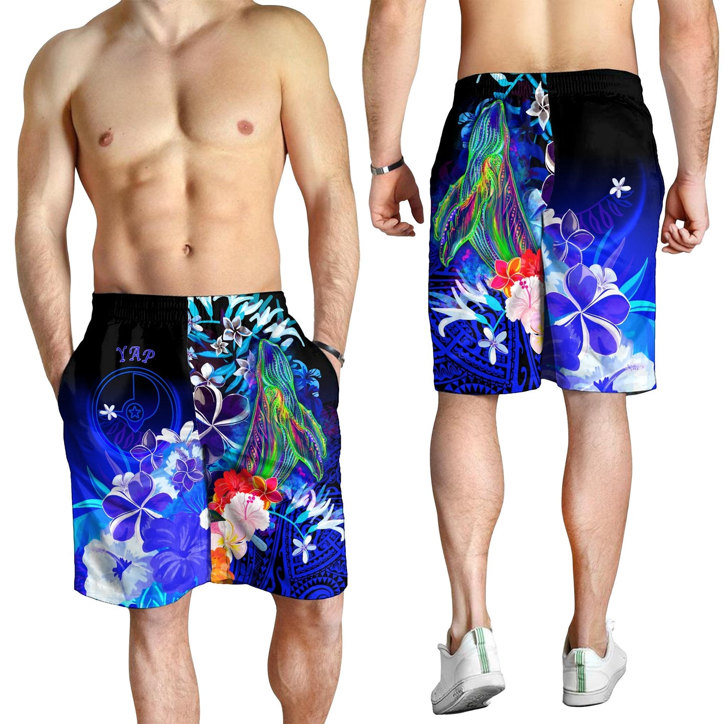 Yap Herren Bermuda Shorts - Buckelwal mit tropischen Blumen (Blau)