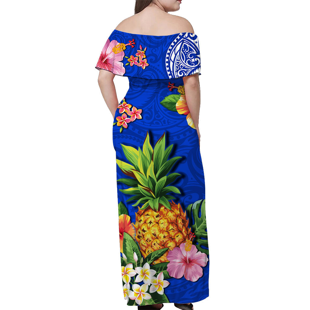 Hawaii schulterfreies langes Kleid Blau Polynesia Pineapple LT13