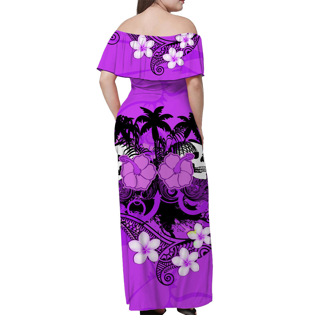 Hawaii Totenkopf Schulterfreies Langes Kleid Mysteriöses Polynesien und Lila Blumen LT13