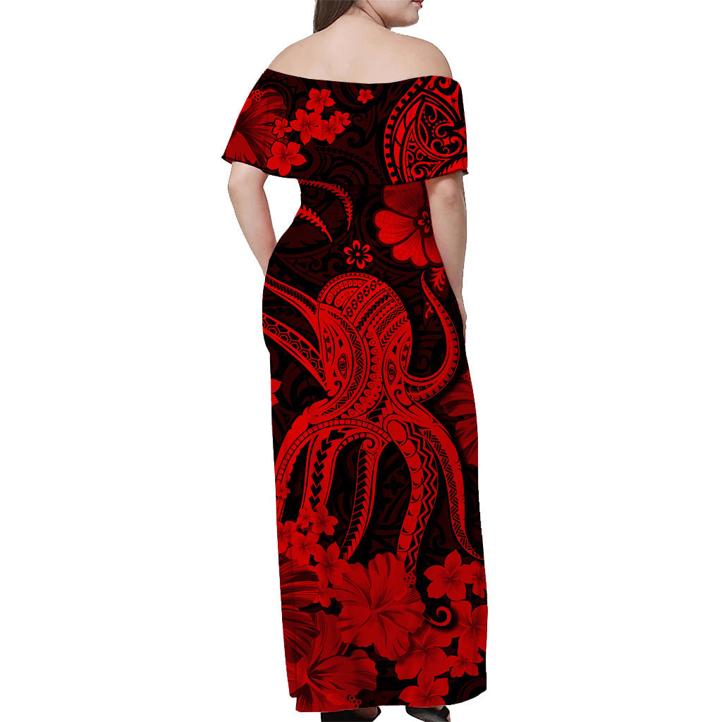 Hawaii schulterfreies langes Kleid Polynesien Roter Oktopus LT13