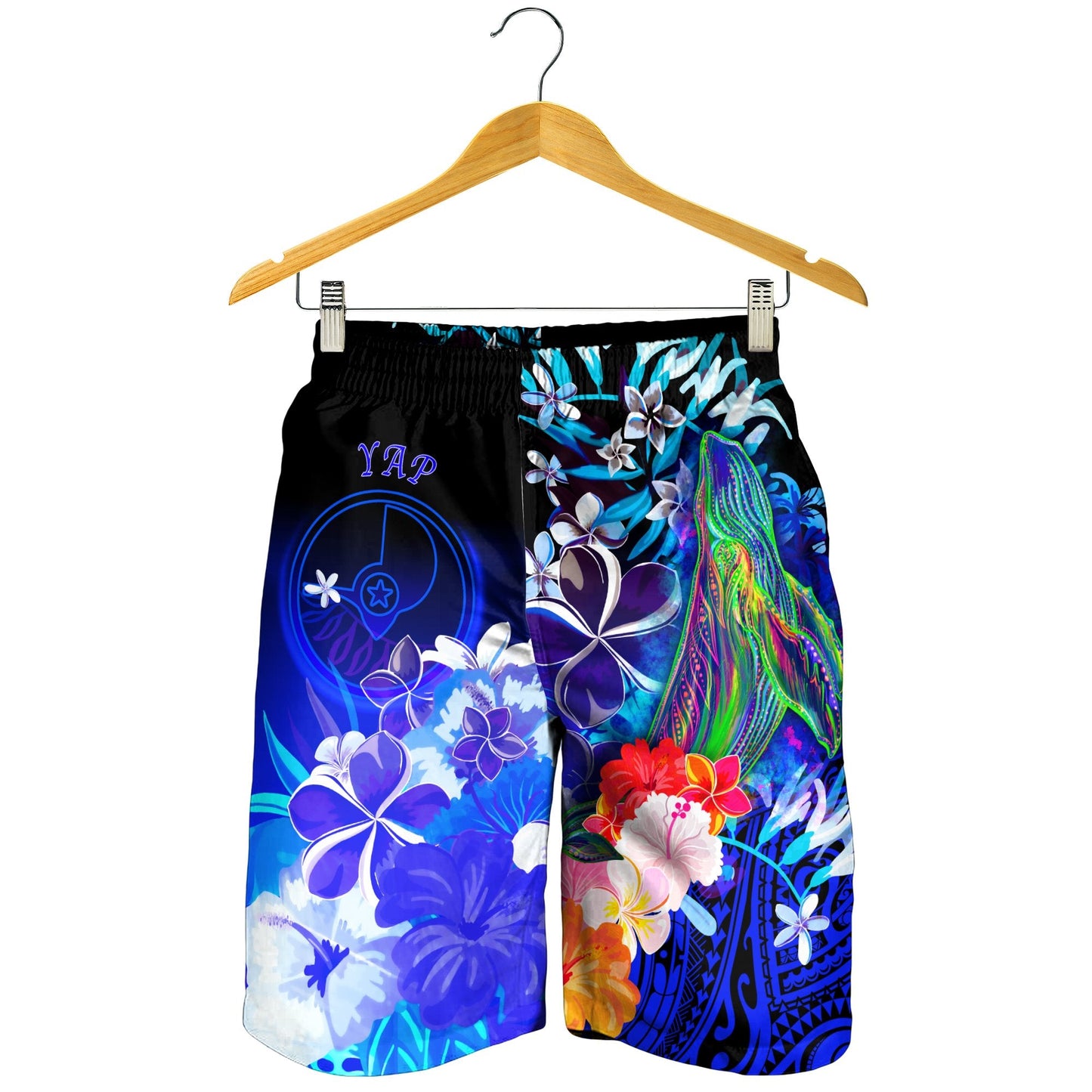 Yap Herren Bermuda Shorts - Buckelwal mit tropischen Blumen (Blau)