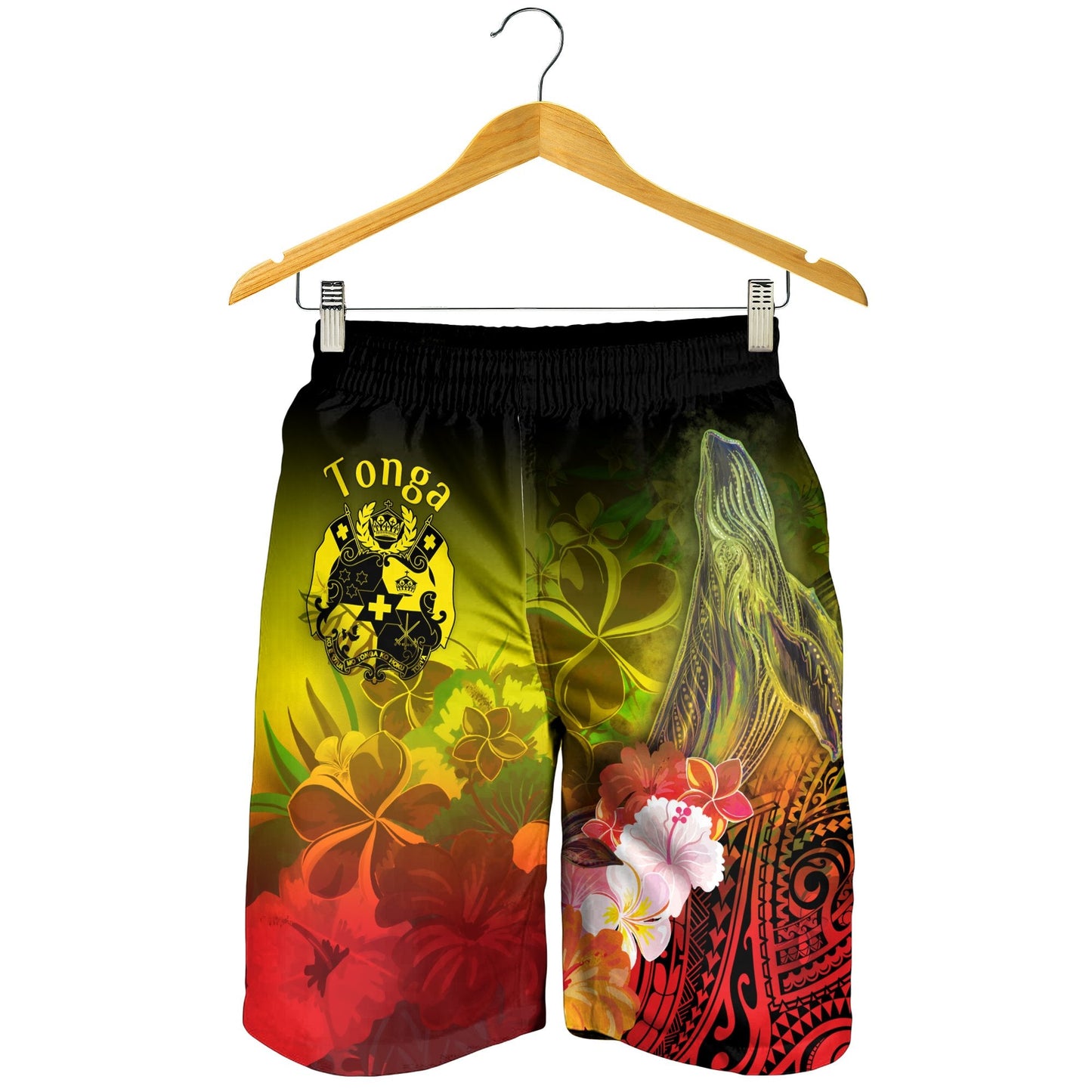 Tonga Herren Bermudas Shorts - Buckelwal mit tropischen Blumen (Gelb)