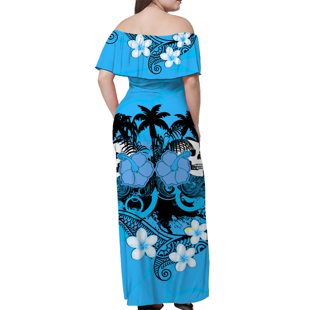 Hawaii Totenkopf Schulterfreies Langes Kleid Mysteriöses Polynesien und Blaue Blumen LT13