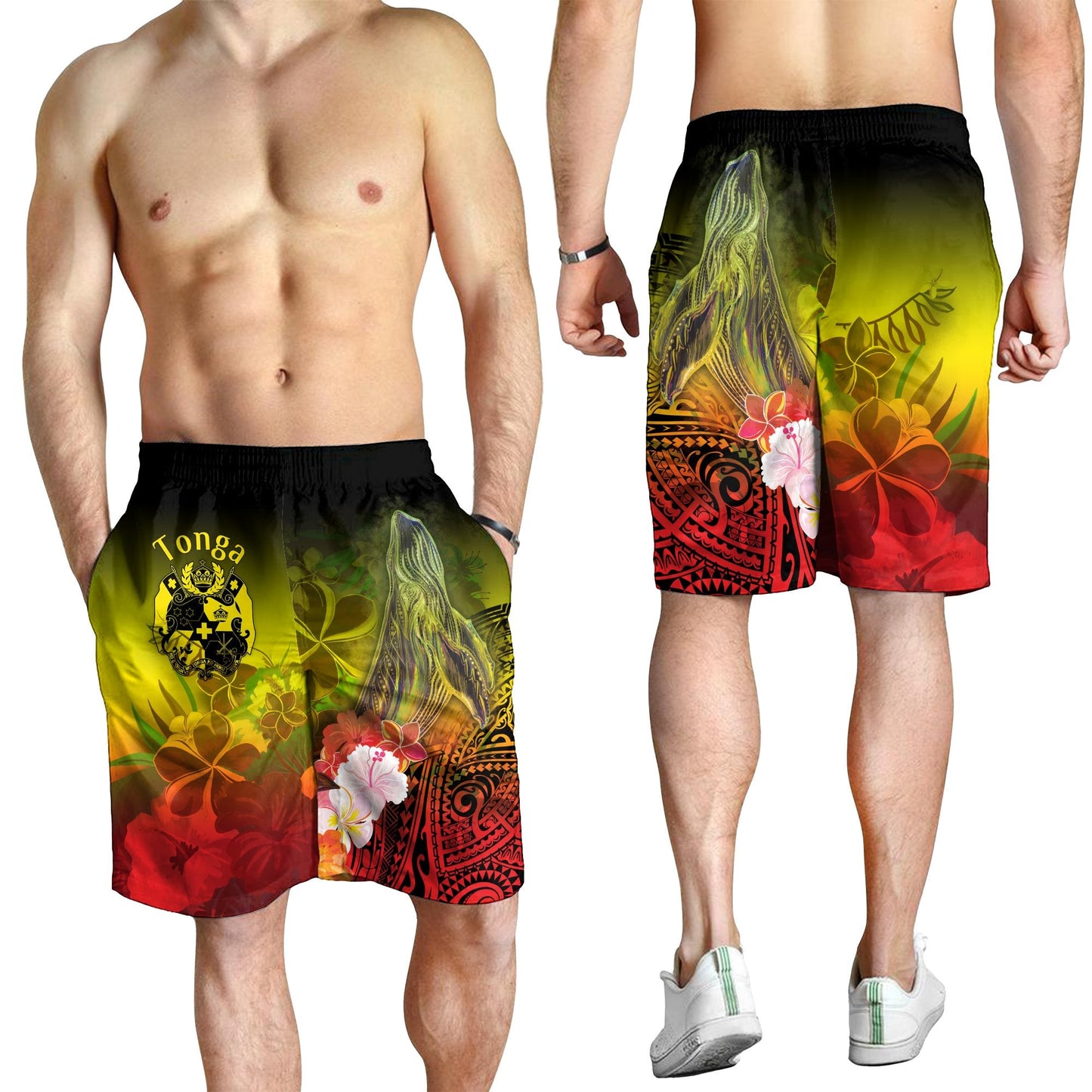 Tonga Herren Bermudas Shorts - Buckelwal mit tropischen Blumen (Gelb)