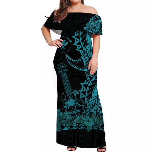 Hawaii Polynesian Off Shoulder Long Dress Ukulele Blue LT13 Long Dress Blue - Polynesian Pride