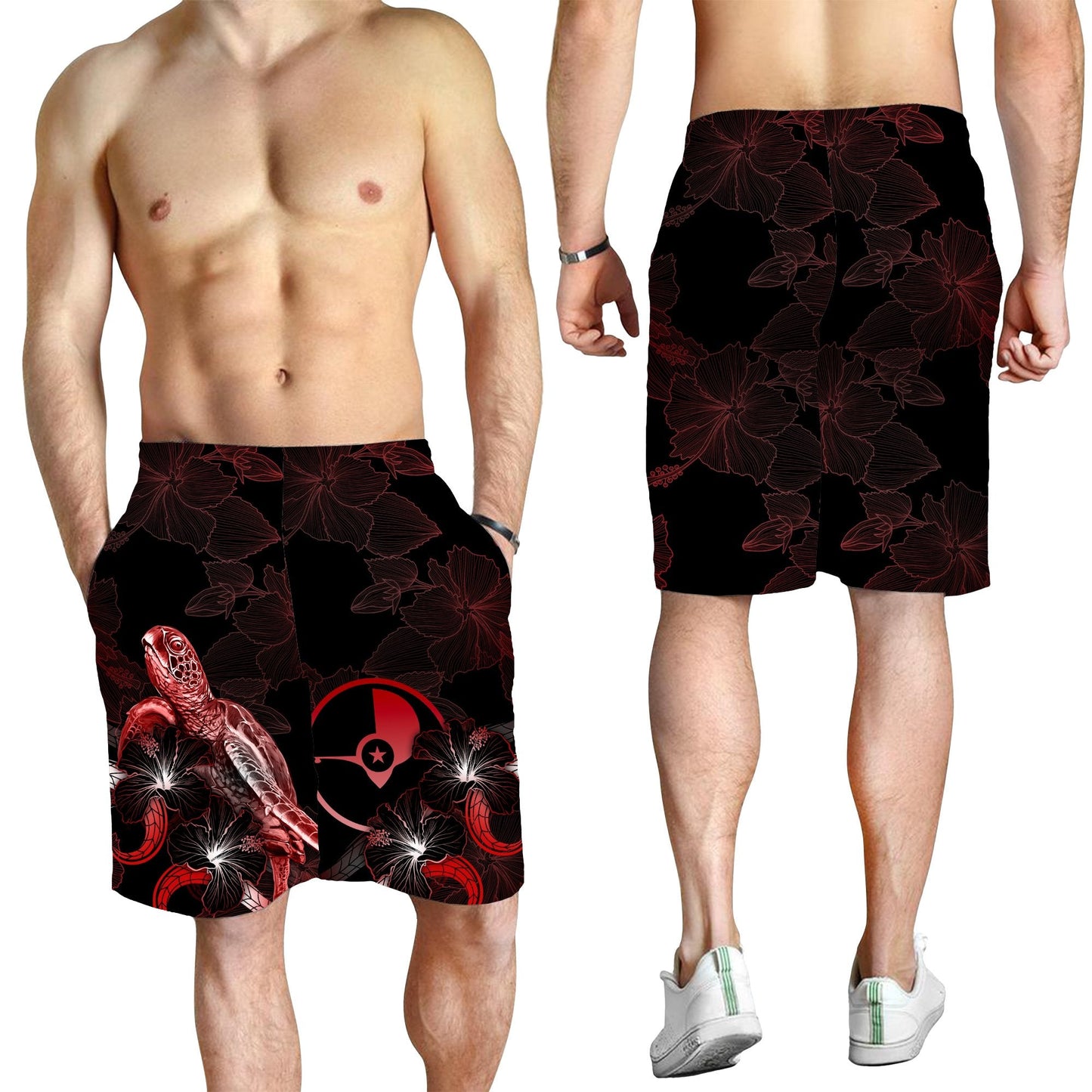 Yap Polynesian Herren Bermuda Shorts - Schildkröte mit blühendem Hibiskus Rot