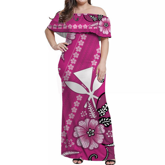 Hawaii Off Shoulder Long Dress Kakau Tribal Pink Batik Floral Ver.01 LT13 Women Pink - Polynesian Pride