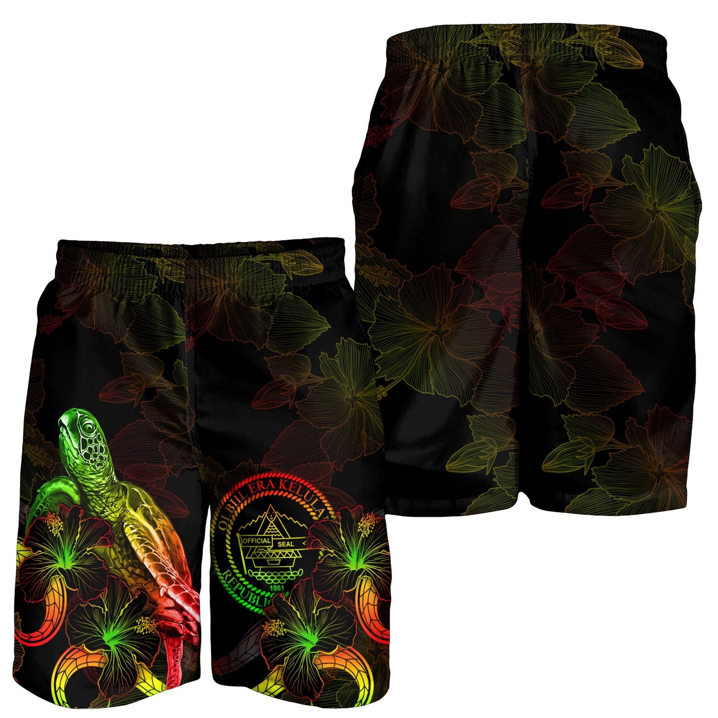 Palau Polynesian Herren Bermudas Shorts - Schildkröte mit blühendem Hibiskus Reggae