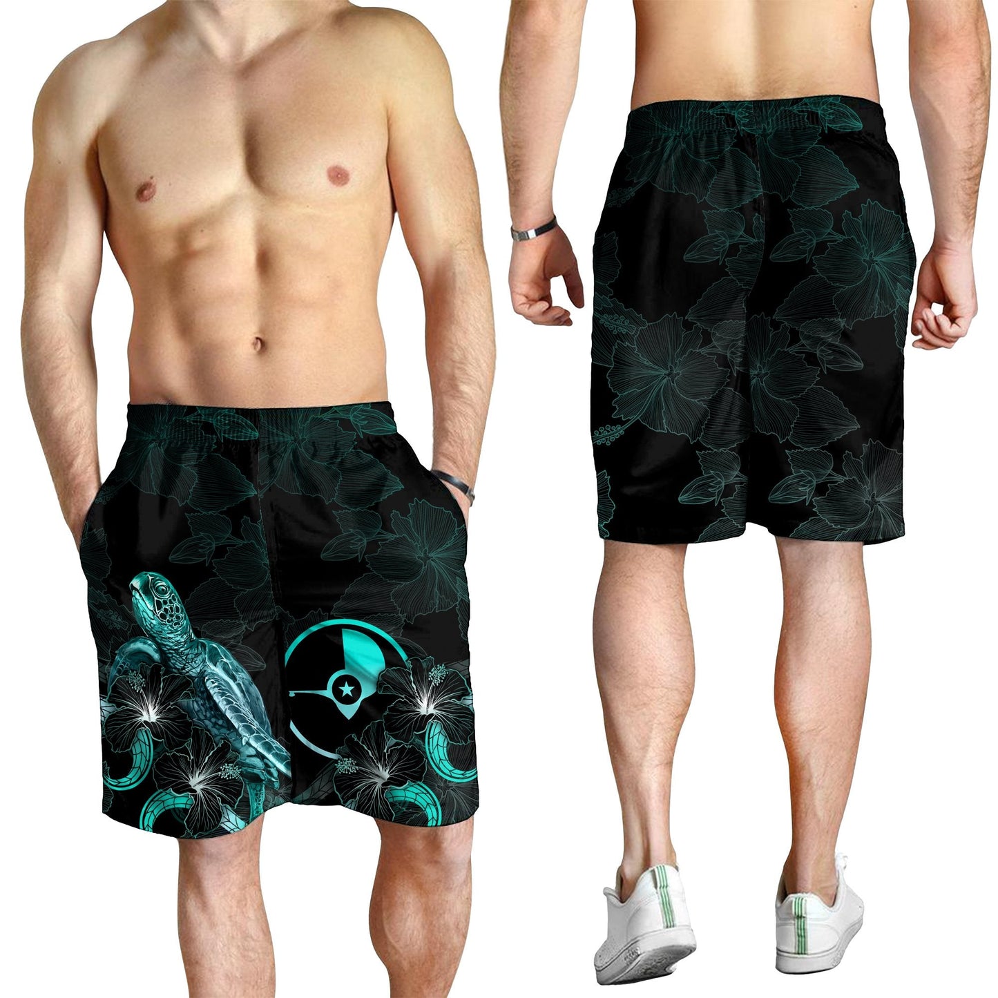 Yap Polynesian Herren Bermuda Shorts - Schildkröte mit blühendem Hibiskus Türkis
