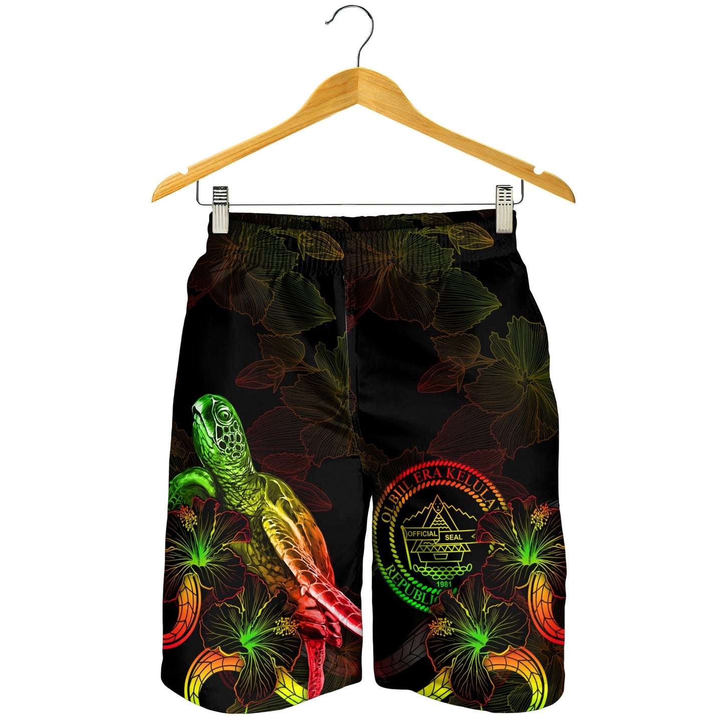 Palau Polynesian Herren Bermudas Shorts - Schildkröte mit blühendem Hibiskus Reggae