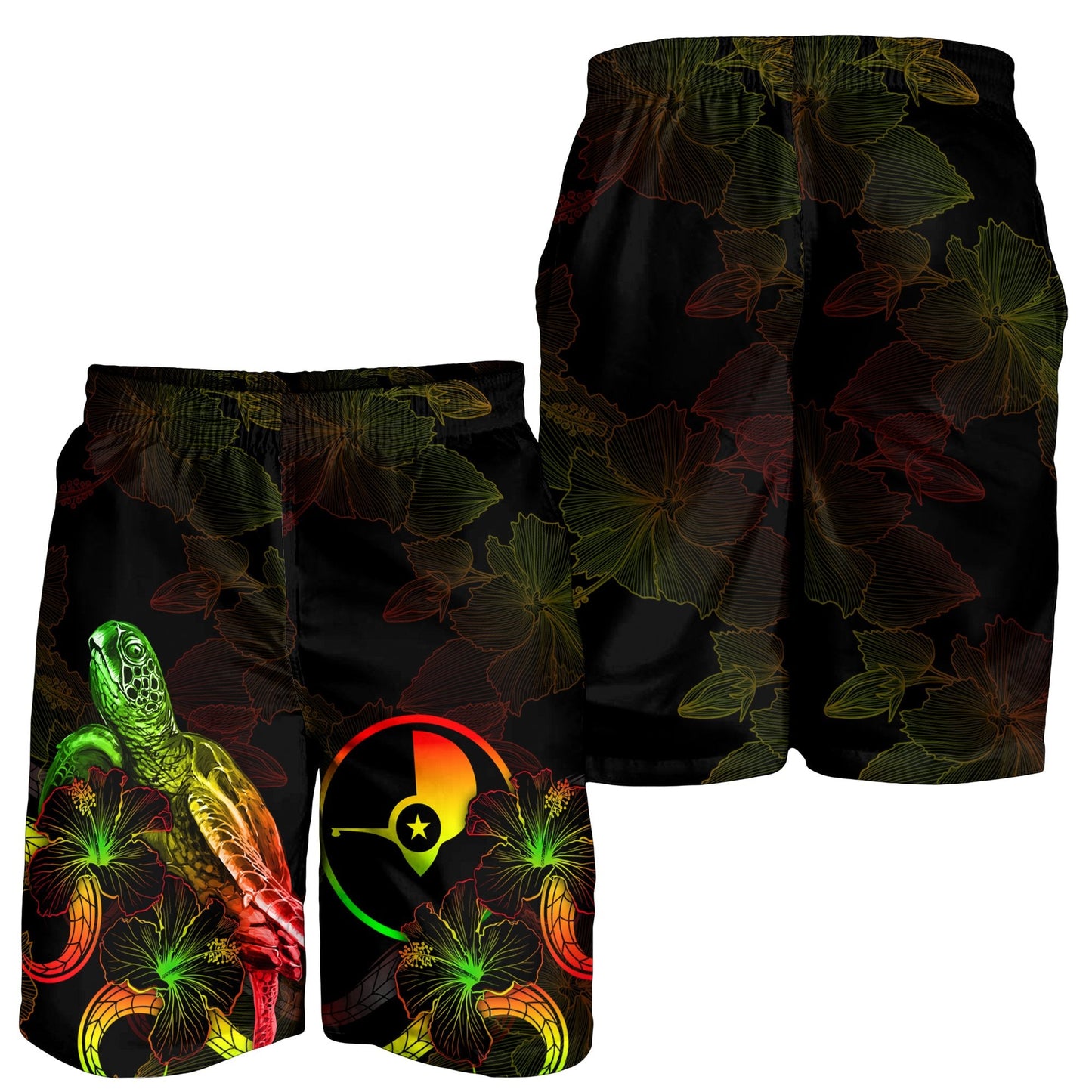 Yap Polynesian Herren Bermuda Shorts - Schildkröte mit blühendem Hibiskus Reggae