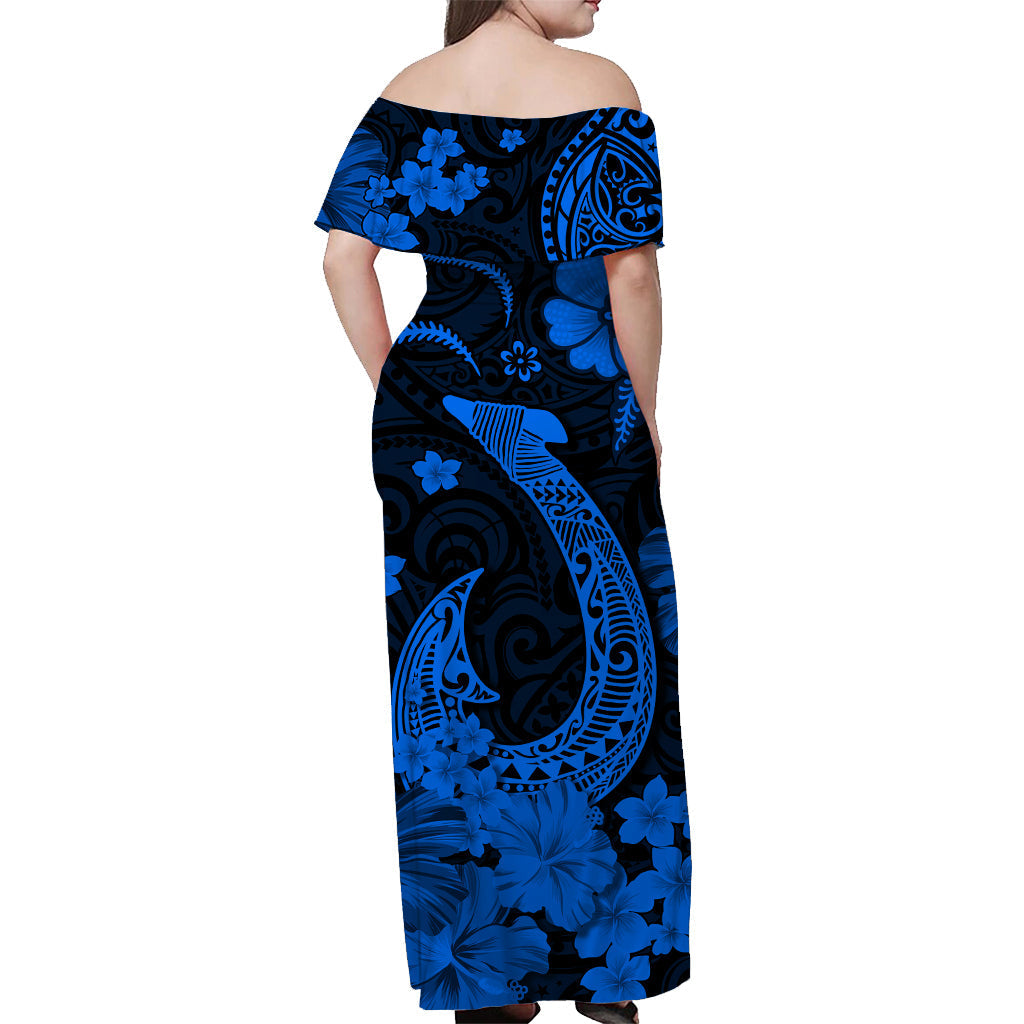 Hawaii schulterfreies langes Kleid Polynesien Blau Angelhaken LT13