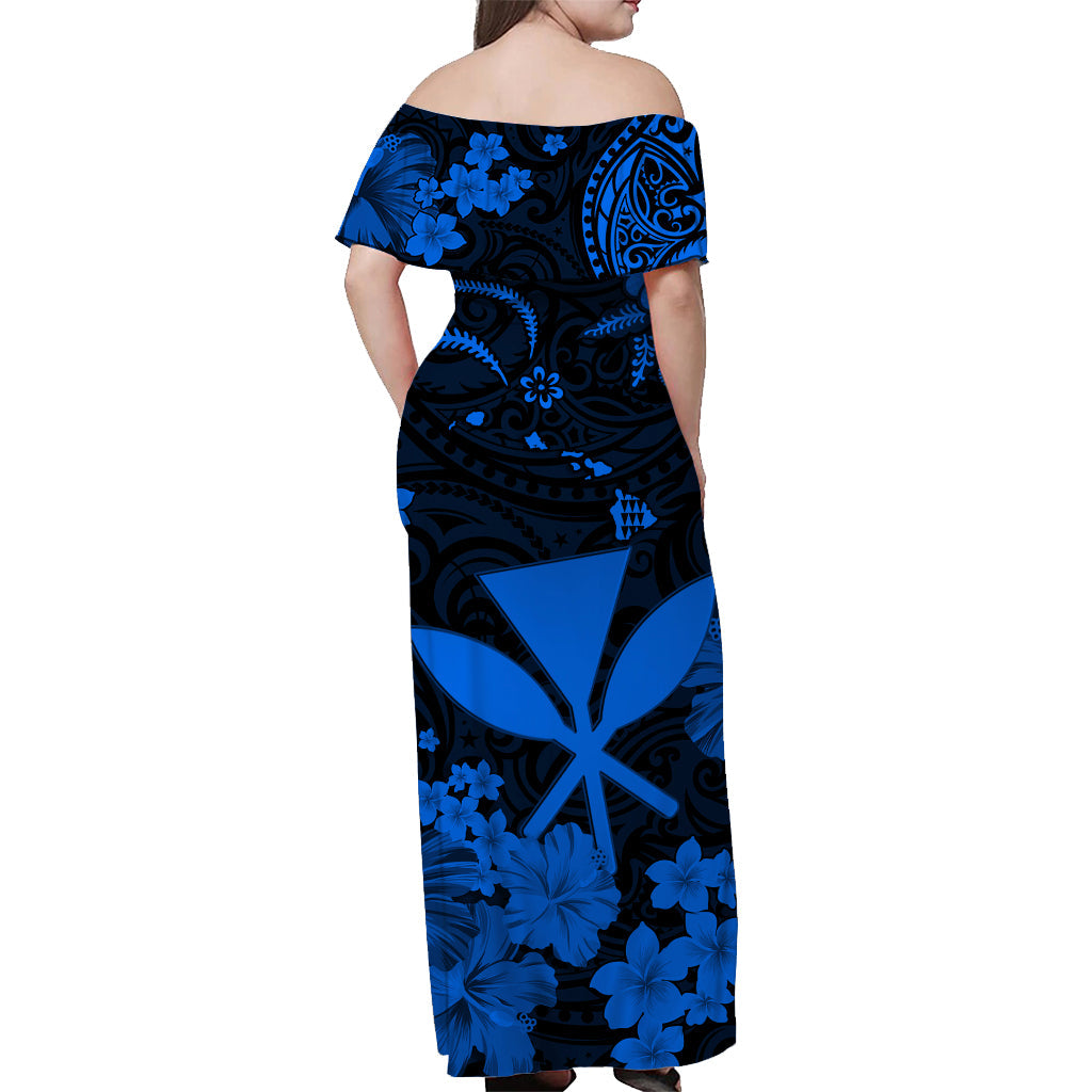 Hawaii schulterfreies langes Kleid Polynesien Blau Kanaka Maoli LT13