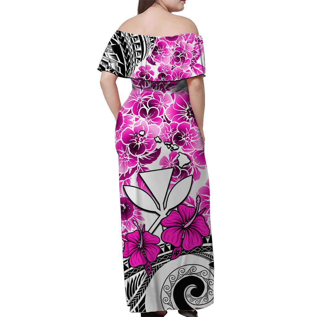 Hawaii schulterfreies langes Kleid Polynesisch und Pink Hibiscus LT13