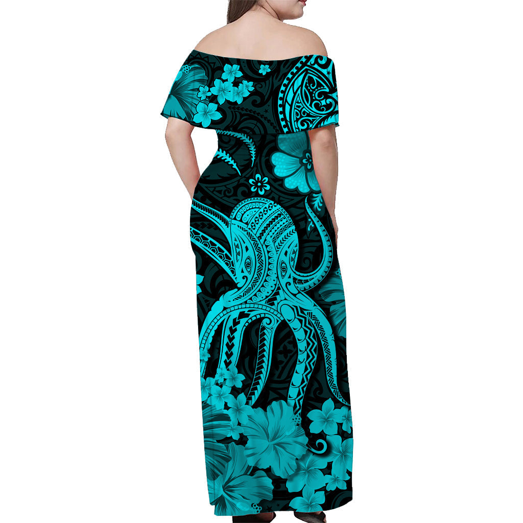 Hawaii schulterfreies langes Kleid Polynesien Türkis Oktopus LT13