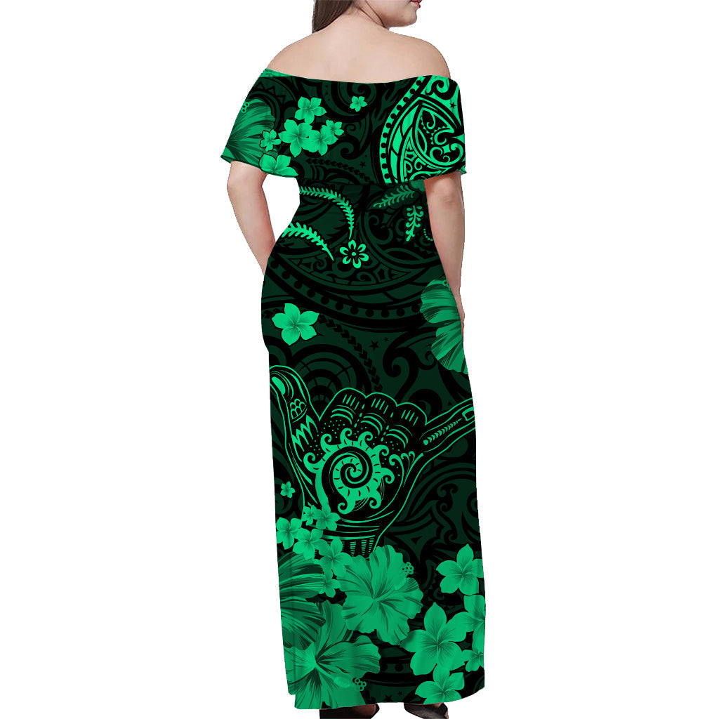 Hawaii schulterfreies langes Kleid Polynesien Grün Cool Shaka Zeichen LT13