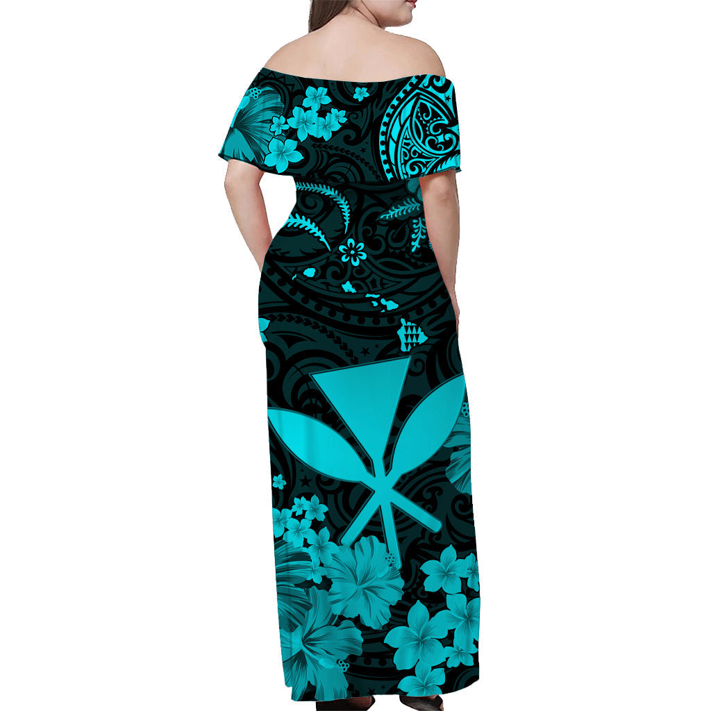 Hawaii schulterfreies langes Kleid Polynesien Türkis Kanaka Maoli LT13